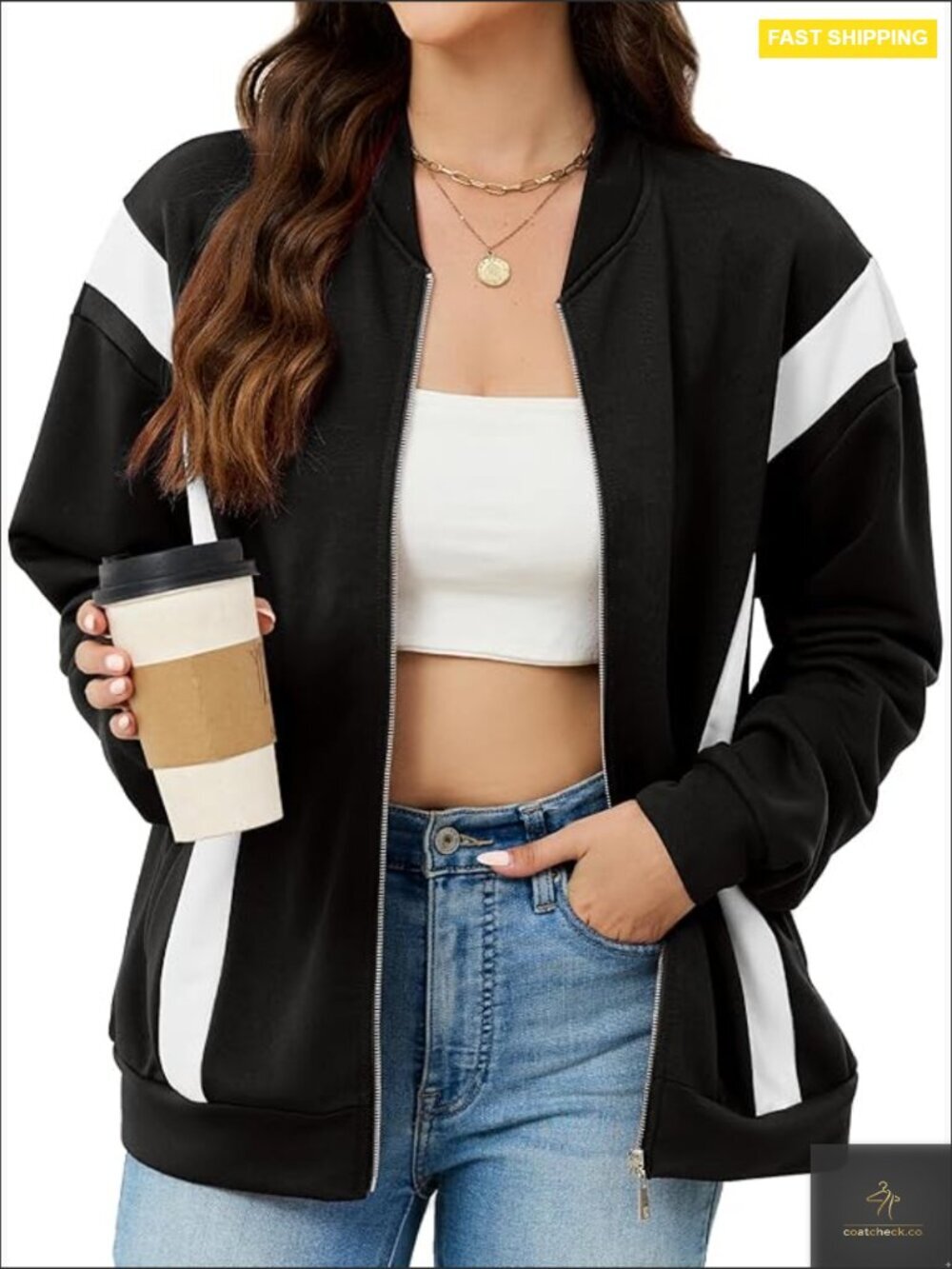 Casual Bomber Jacket Long Sleeve Zip Up Loose Fit Lightweight Polyester Blend